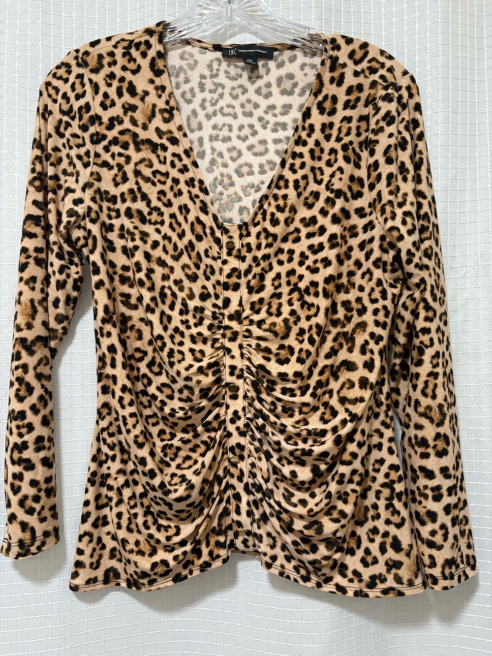 INC International Concepts Leopard Ruched V-Neck Long Sleeve Top - Tan & Black